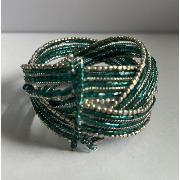 Vintage Beaded Wide Cuff Bracelet Turquoise/Silver Stretch 1.5" Wide - Picture 5 of 6